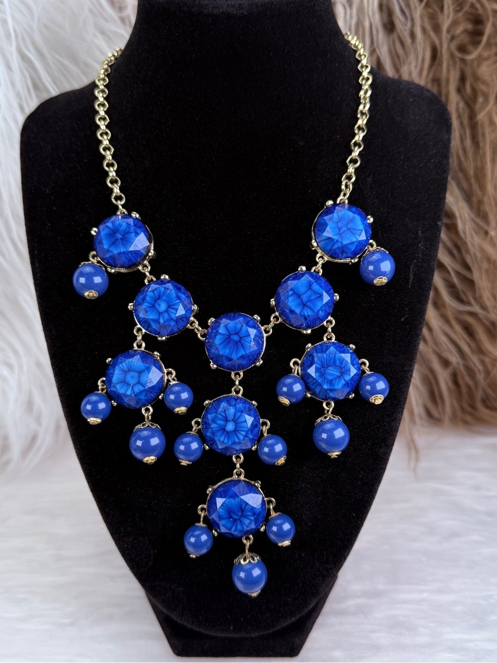 Goldtone bluish, purple bib, dangle costume statement necklace